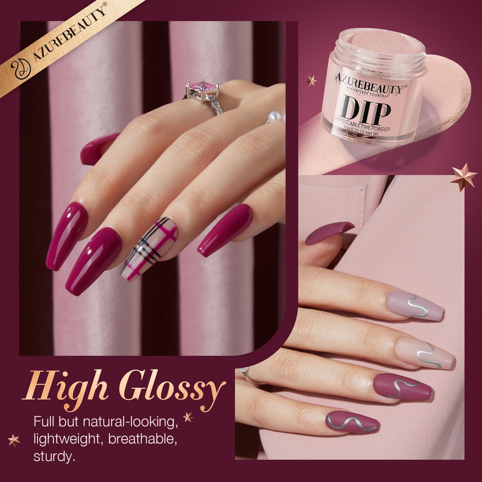 AZUREBEAUTY 4 Colors Dip Nails Powder Kit – Fall/Winter Brown & Purple with Base, Top Coat & Activator
