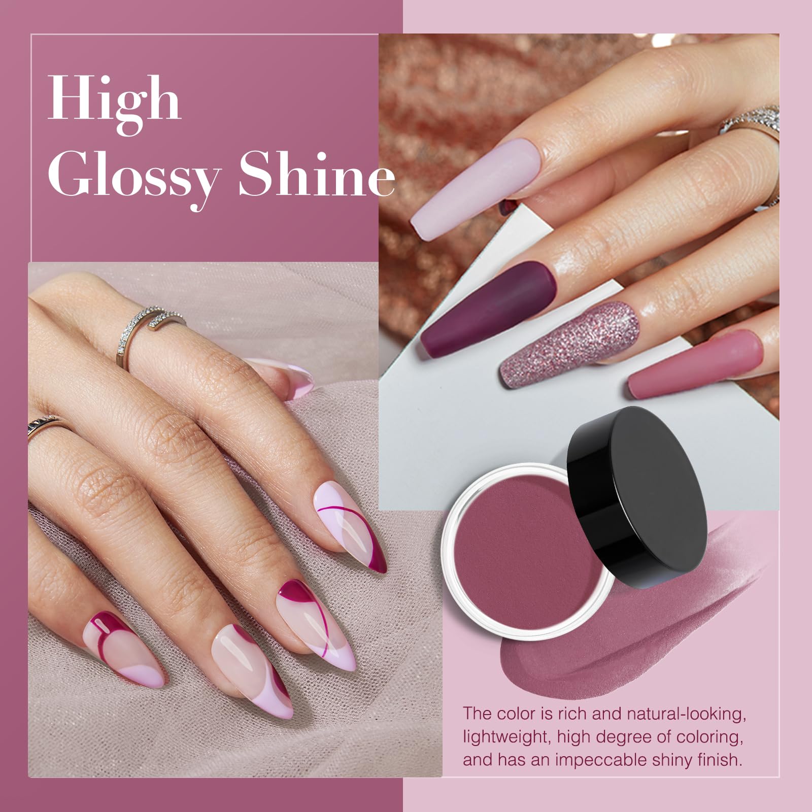 AZUREBEAUTY Dip Powder Nail Kit — 4-Color Set (Dark Purple, Lilac, Glitter) with Base, Top Coat & Activator
