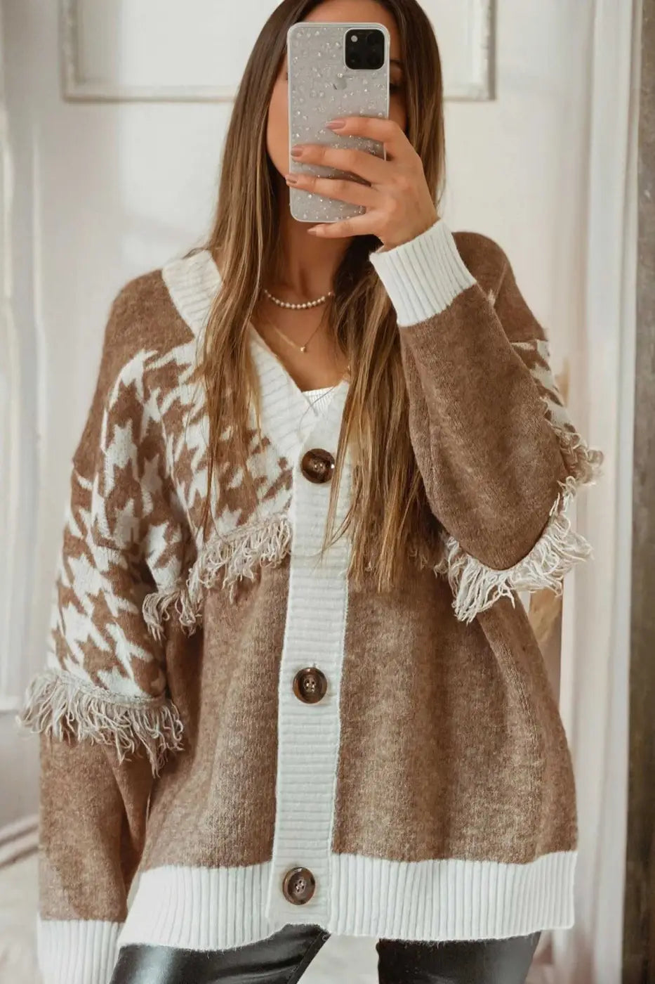 Khaki Houndstooth Knit Cardigan Women UK