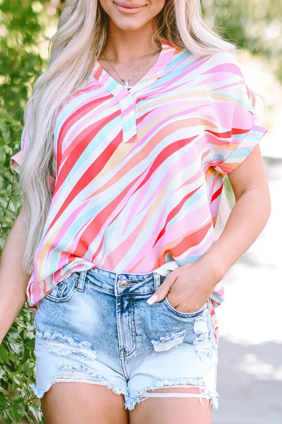 Abstract Print High Low Hem Short Sleeve Blouse Women UK