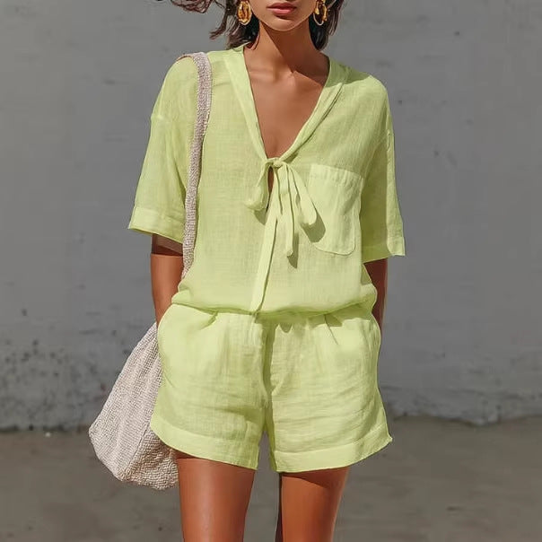 Summer New Solid Color Casual Cardigan Lace-up Short-sleeve Shirt Loose Shorts Set For Women