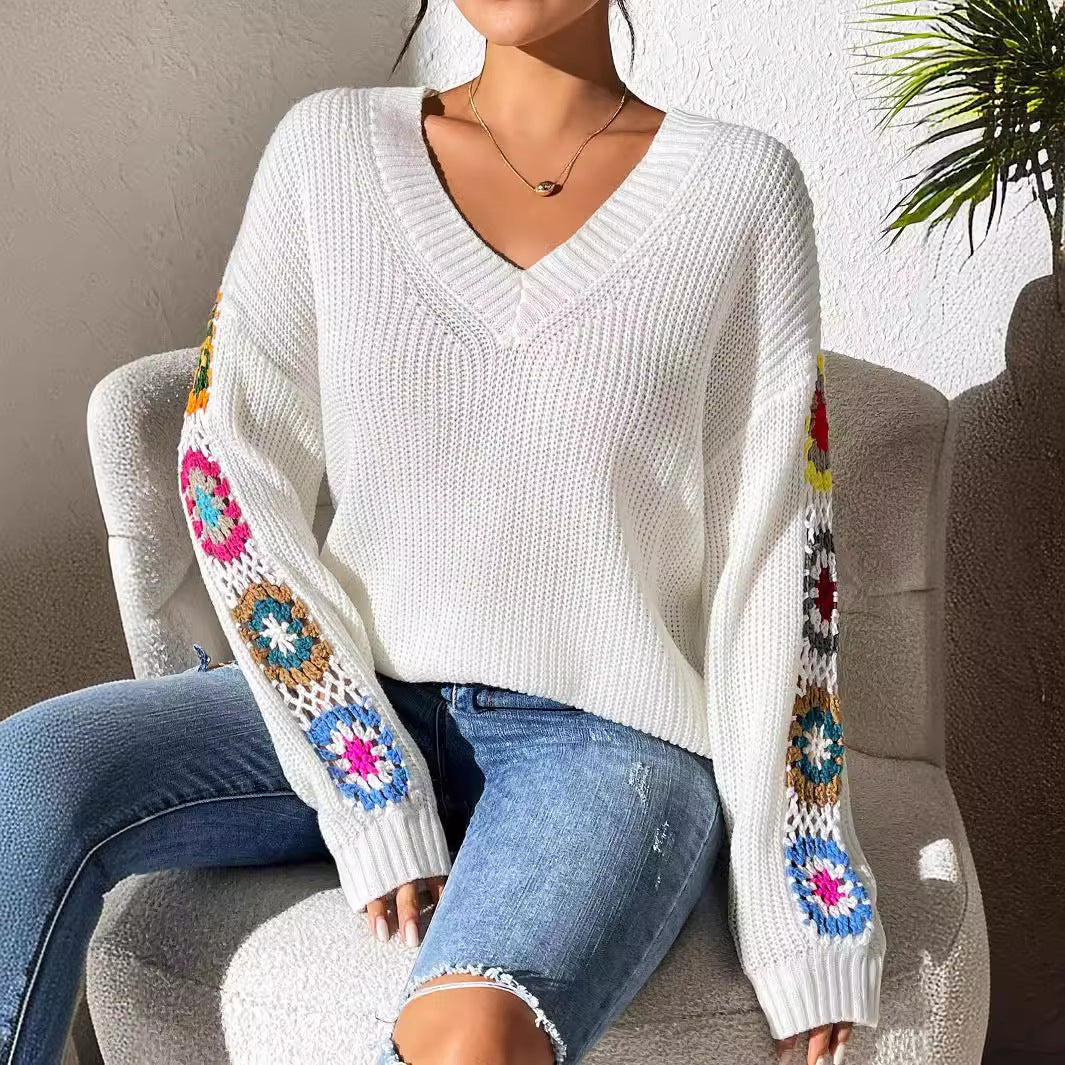 Autumn And Winter Crochet Stitching V-neck Pullover Sweater