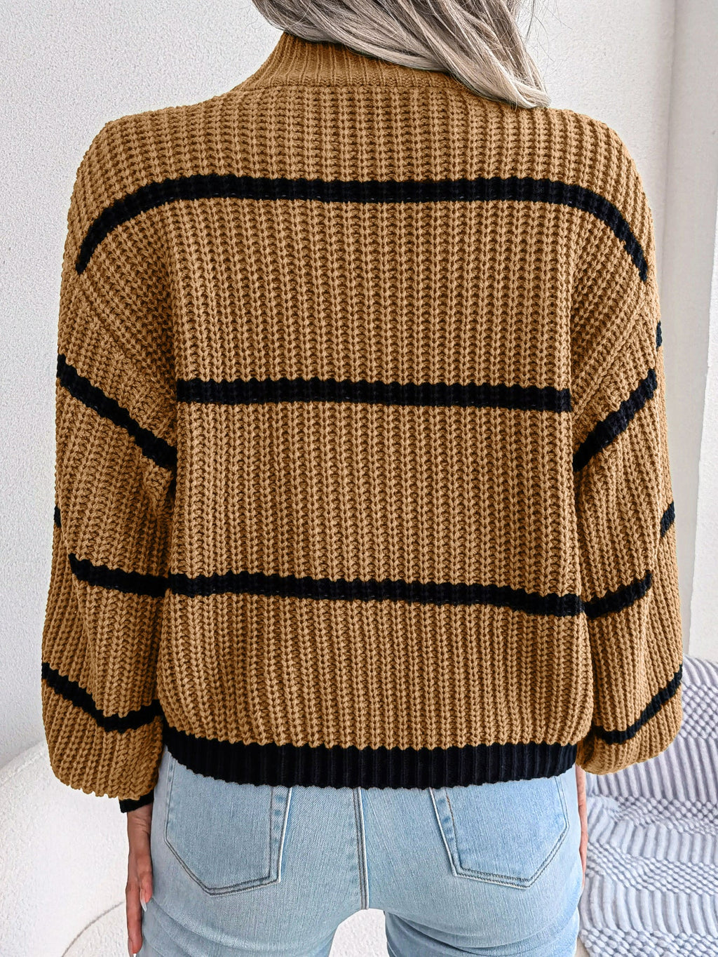 Women Casual Striped Lantern Sleeve Half Turtleneck Knit Sweater