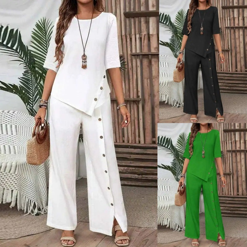 Elegant And Fashionable Casual Button Half-sleeve Shirt Loose Two-piece Set