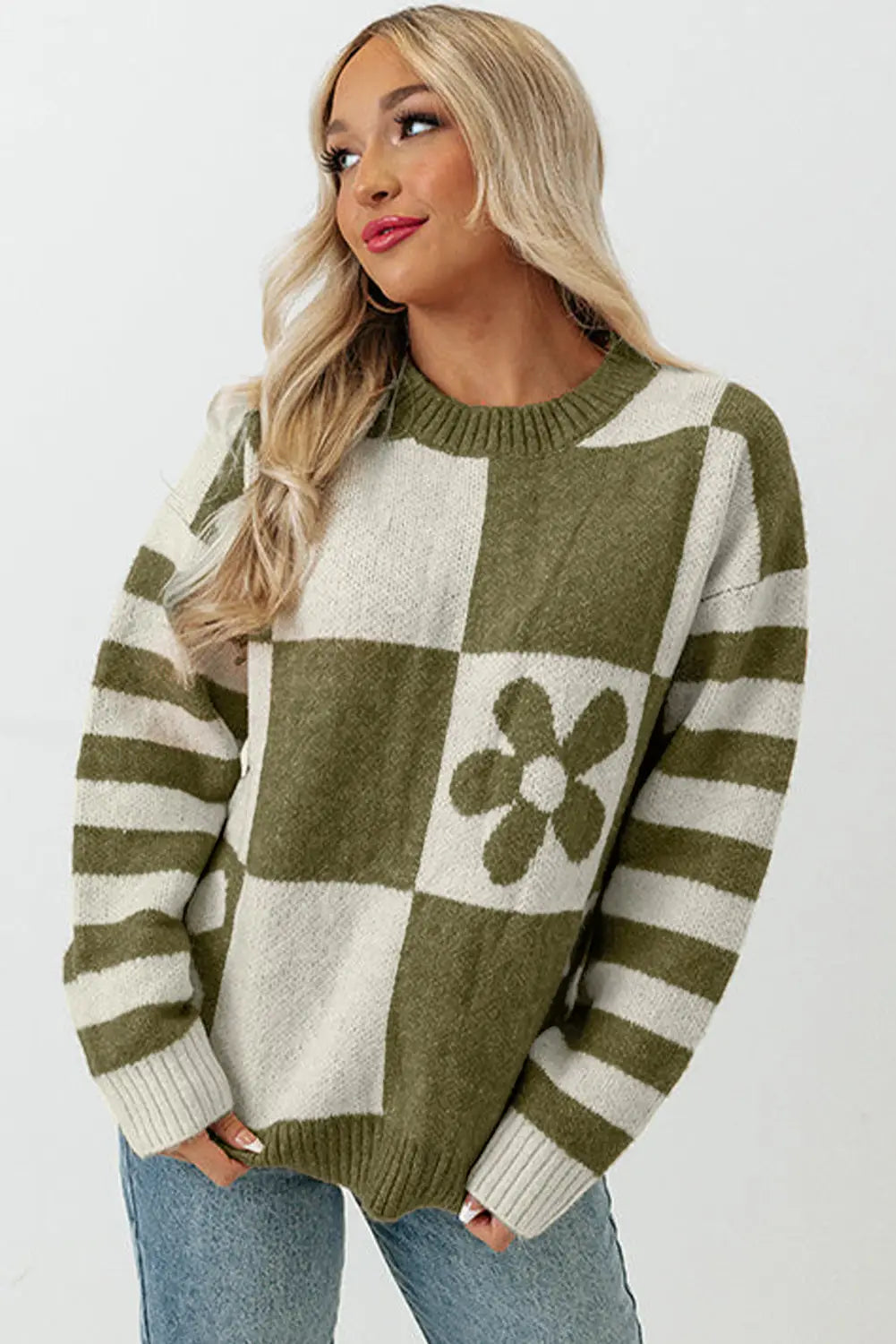 Checkered Floral Print Striped Sleeve Sweater Women UK
