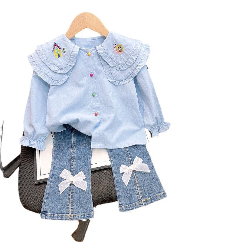 Cute Embroidered Collar Shirt And Denim Jeans Two-Piece Set For Girls