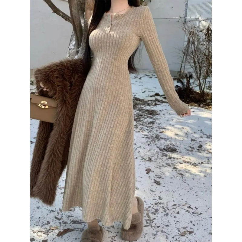 Slim-fit Temperament Pure Color Bottoming Skirt V-neck Knitted French Midi Skirt