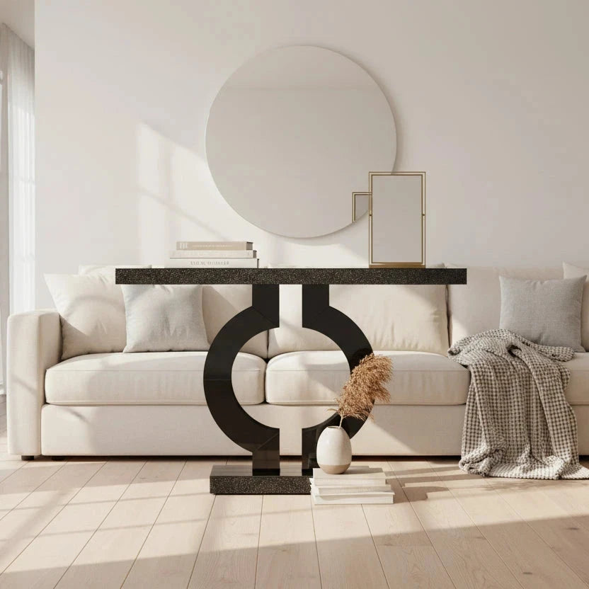 Black Marble-Effect Modern Console Table - Sculptural Entryway & Sofa Table