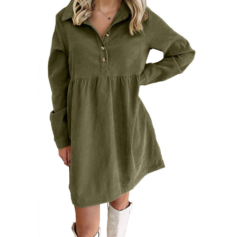 Oatmeal Corduroy Half Button Collared Long Sleeve Mini Dress