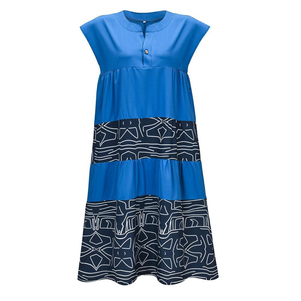 Ladies Printed Patchwork Sleeveless V-Neck Loose Retro Dress