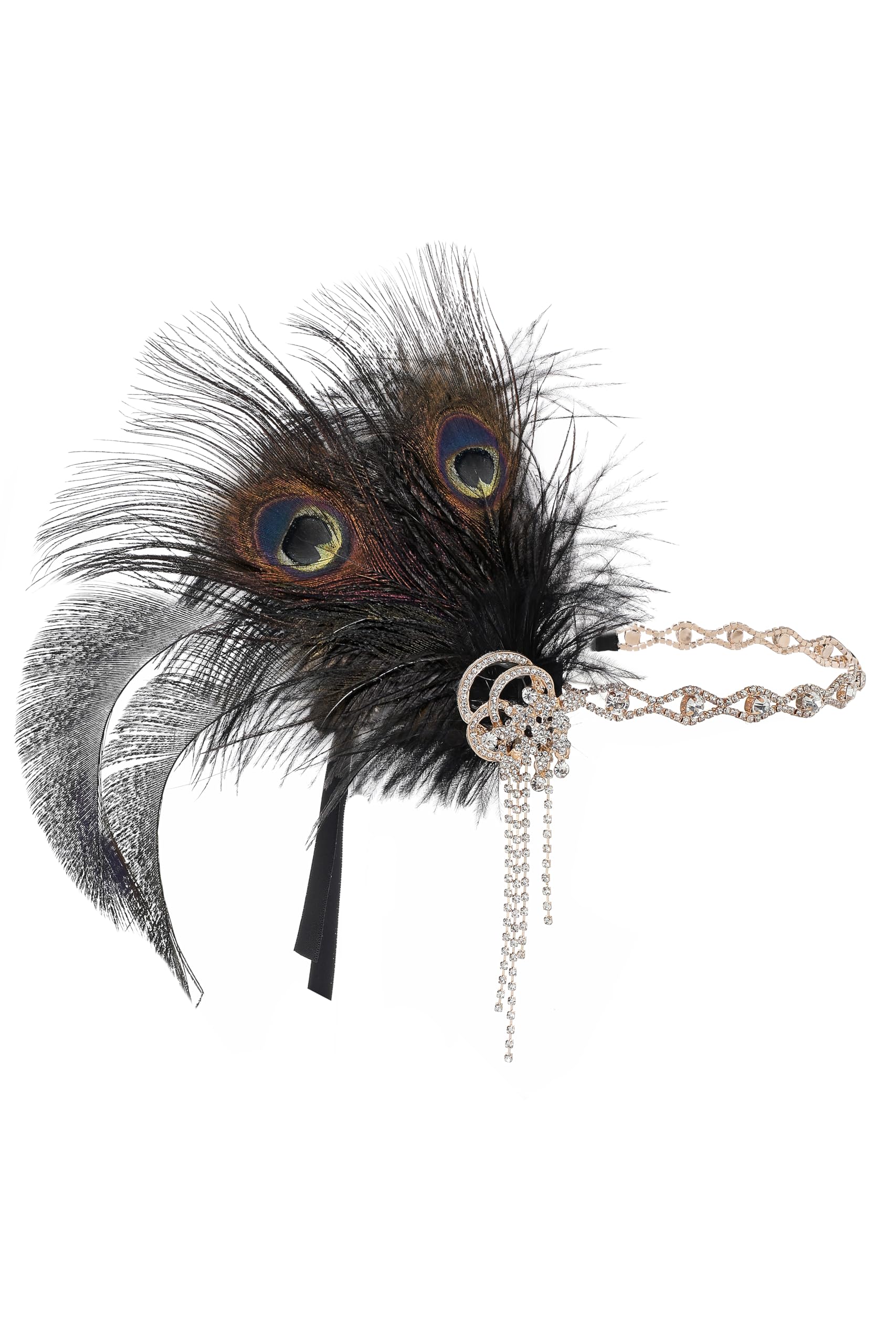 BABEYOND 1920s Flapper Headpiece Headband – Art Deco Peacock Feather & Crystal Gatsby Accessory (Black)