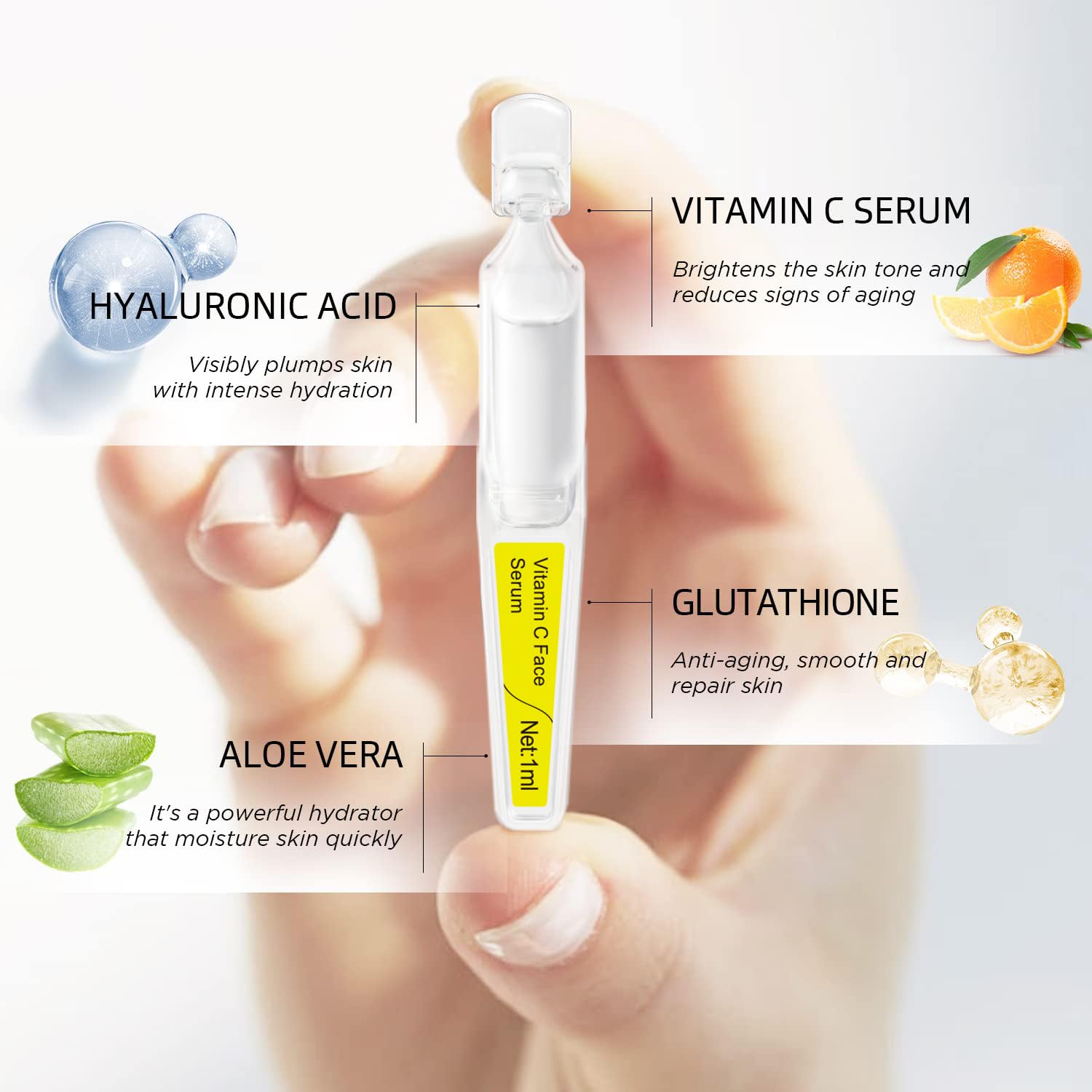BACHERI Vitamin C Serum with Glutathione, 4D Hyaluronic Acid & Aloe – Lightweight Brightening & Hydrating Ampoules, 30 x 1.0 mL