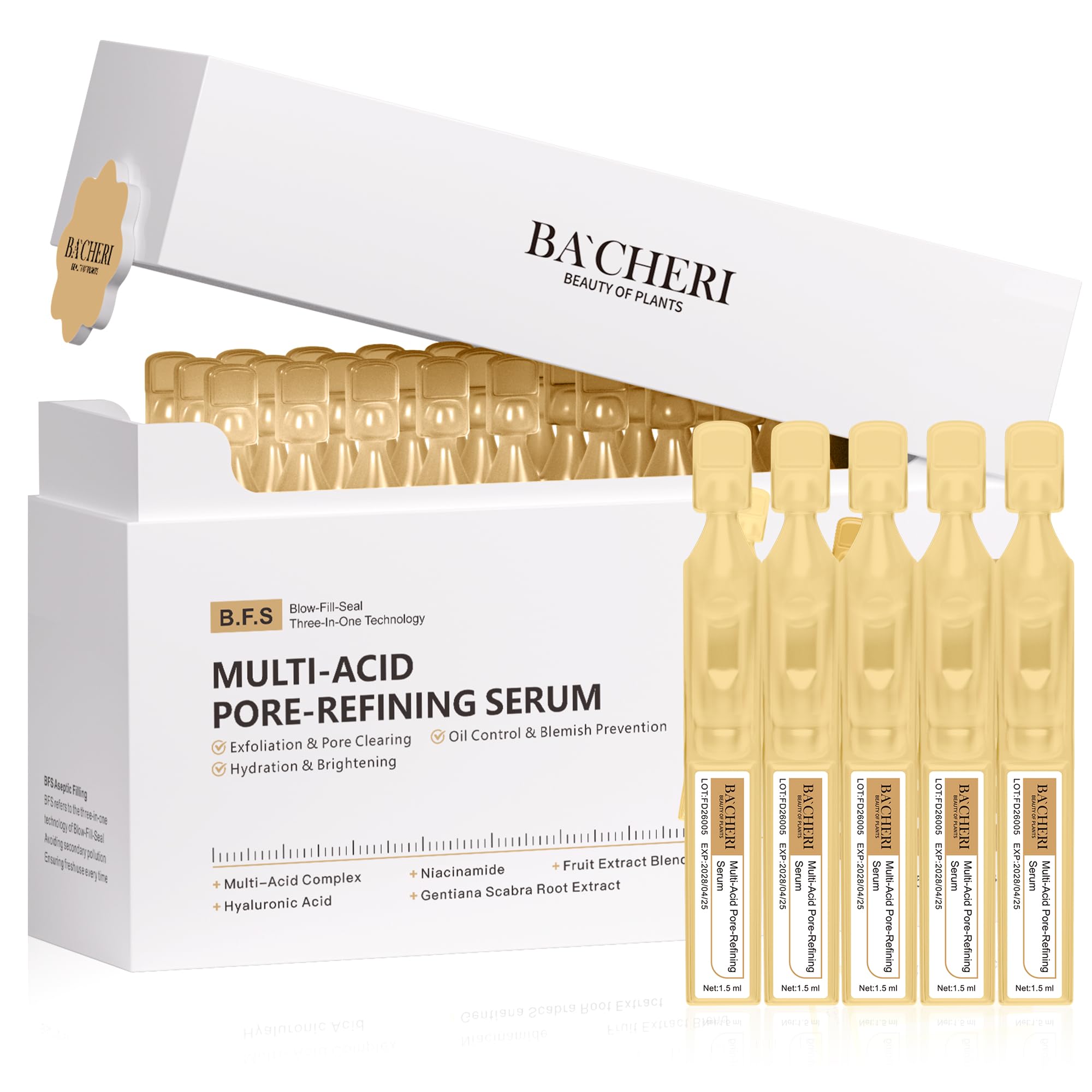 BACHERI Pore Minimizer & Resurfacing Ampoules – 30 x 1.5ml Niacinamide, AHAs & Hyaluronic