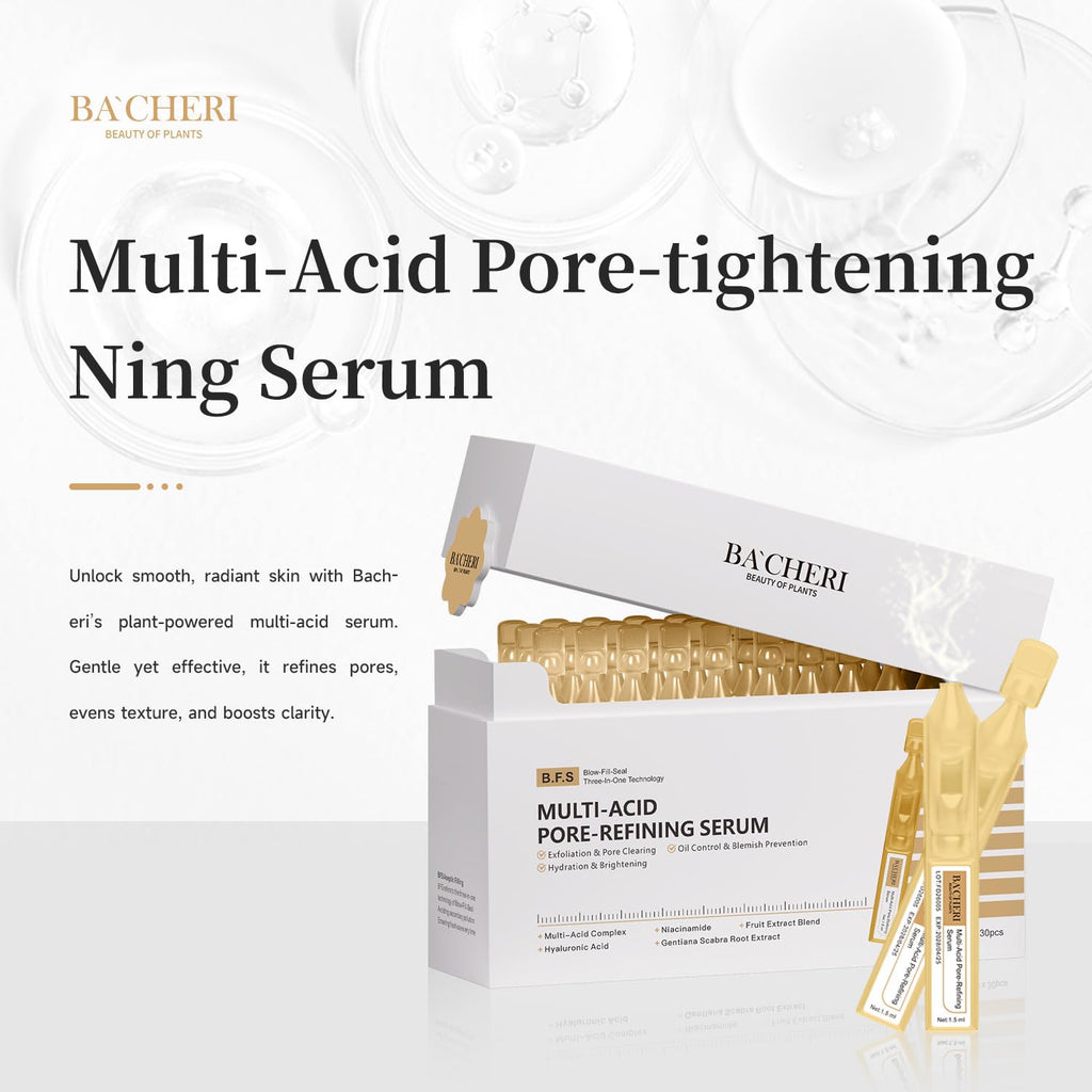 BACHERI Pore Minimizer & Resurfacing Ampoules – 30 x 1.5ml Niacinamide, AHAs & Hyaluronic
