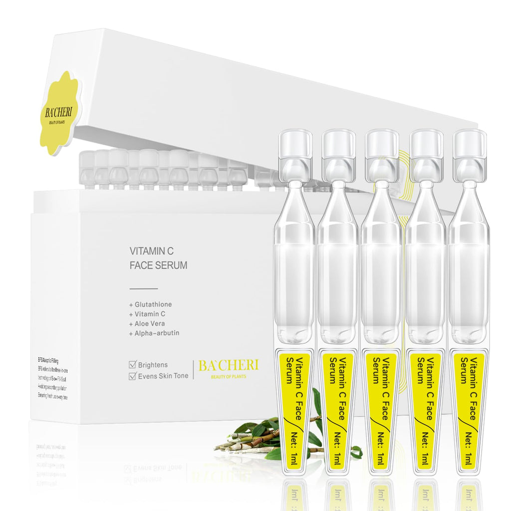 BACHERI Vitamin C Serum with Glutathione, 4D Hyaluronic Acid & Aloe – Lightweight Brightening & Hydrating Ampoules, 30 x 1.0 mL