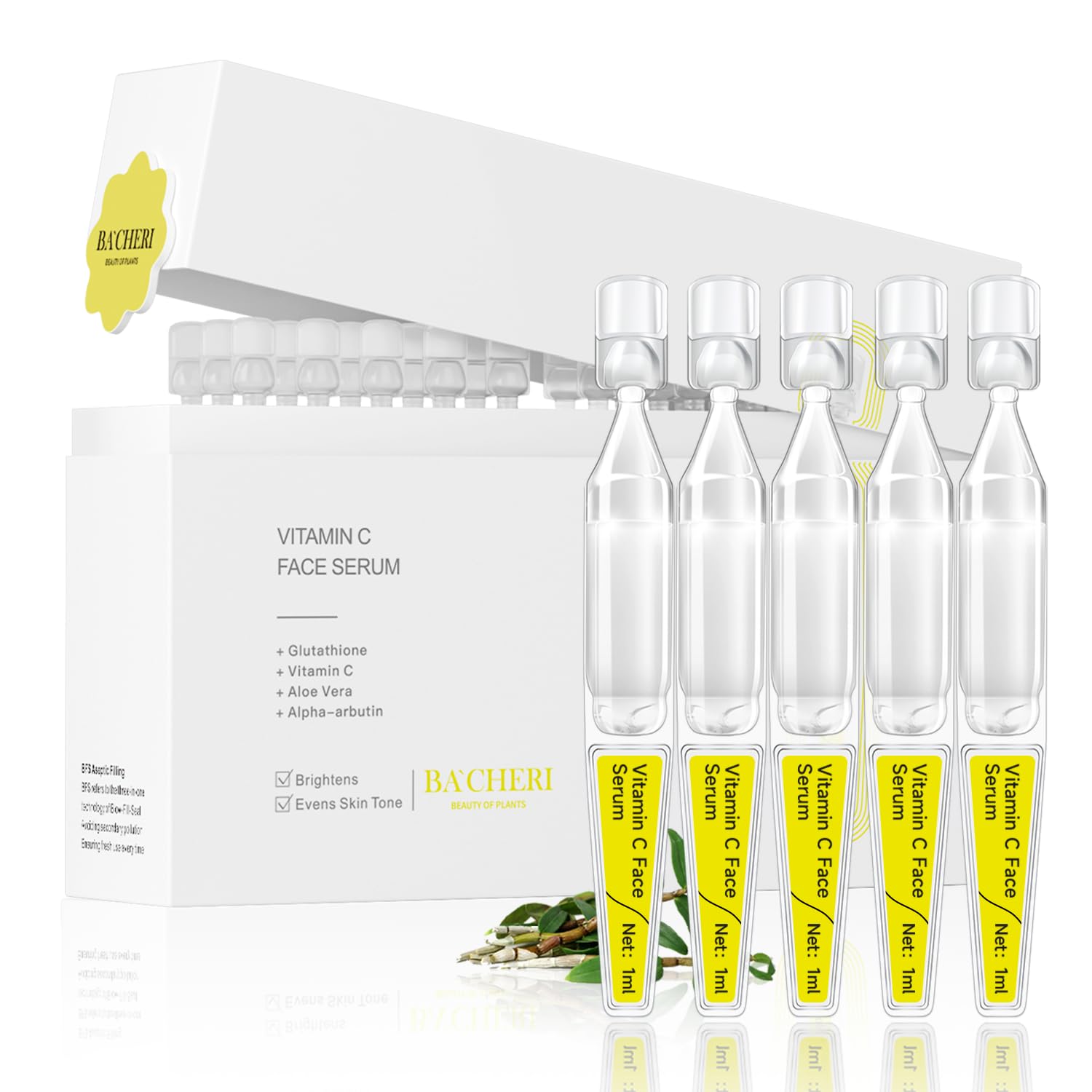 BACHERI Vitamin C Serum with Glutathione, 4D Hyaluronic Acid & Aloe – Lightweight Brightening & Hydrating Ampoules, 30 x 1.0 mL