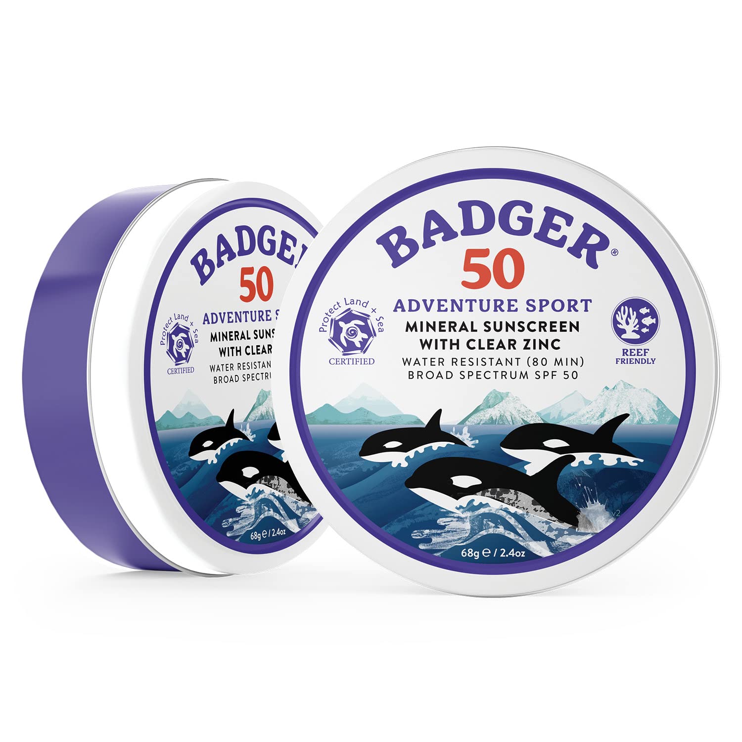 Badger Reef Safe Sunscreen SPF 50 - Mineral, Unscented, 2.4 oz Travel Tin
