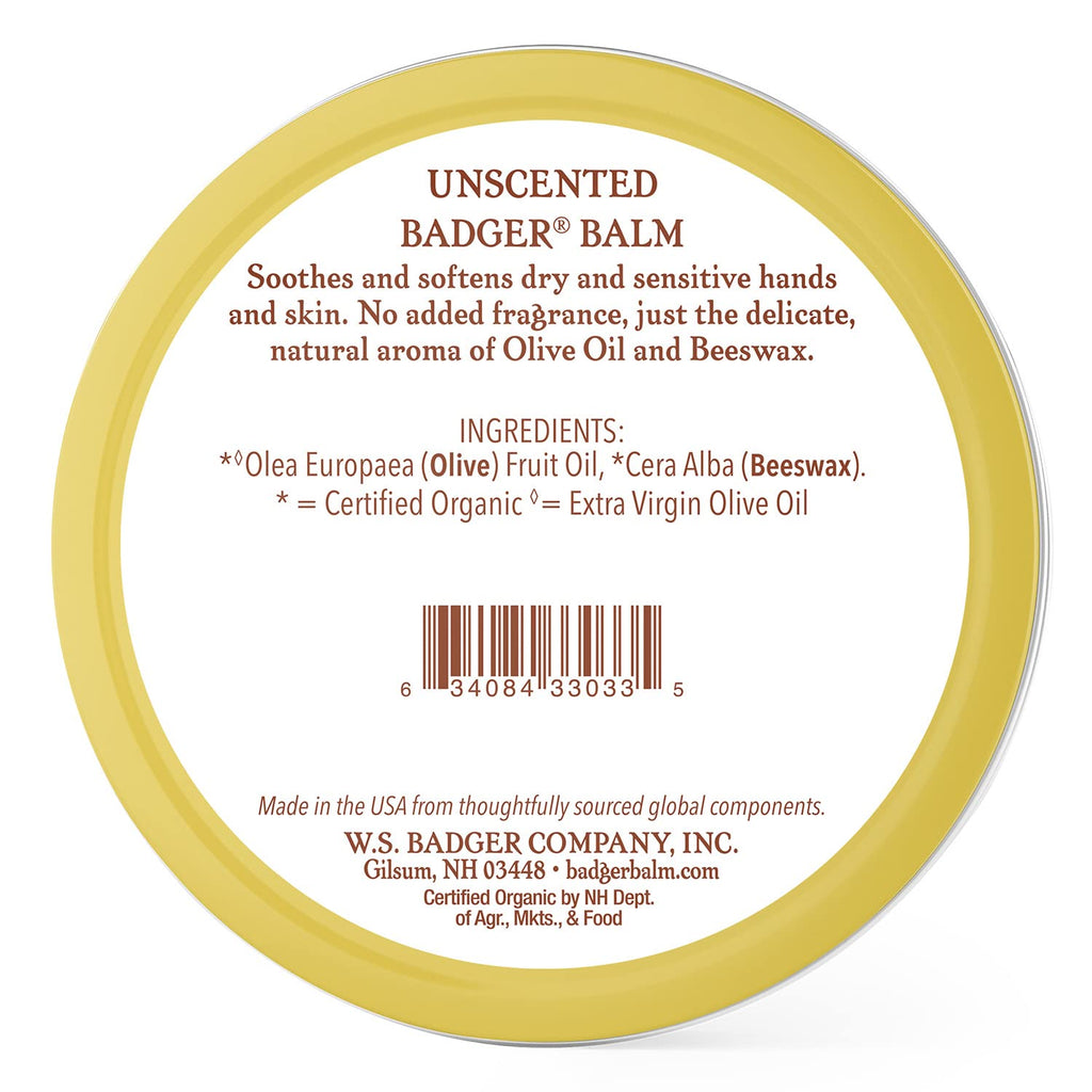 Badger Balm Unscented Hand Cream — 2 oz Tin, 2-Pack | 100% Organic Olive Oil & Beeswax