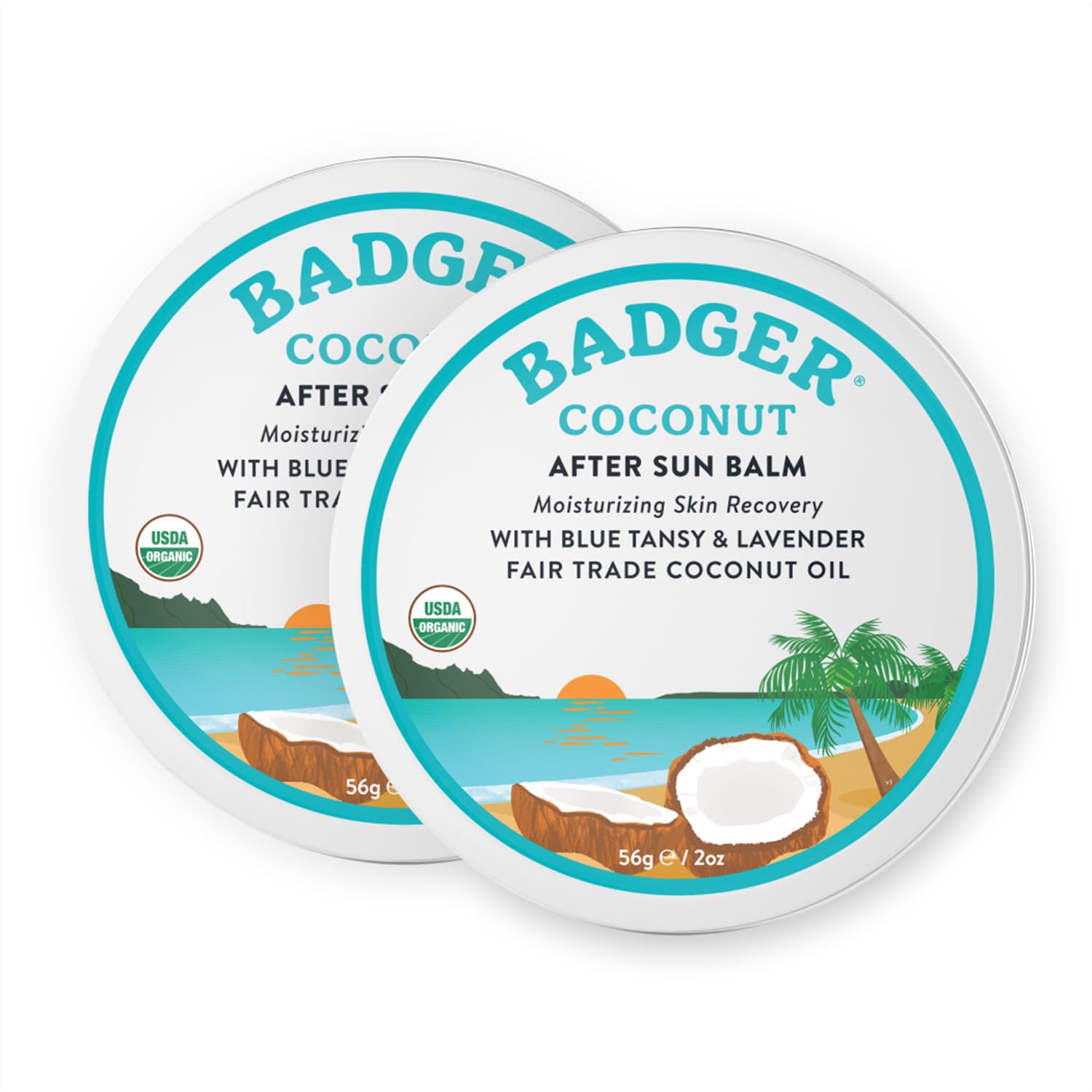 Badger Coconut AfterSun Balm – 100% Organic Soothing Sunburn Relief, 2 oz Tin (2-Pack)
