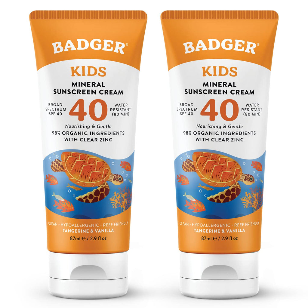 Badger Kids Mineral Sunscreen Cream SPF 40 — 98% Organic, Reef Safe, Hawaii Approved (2-Pack)