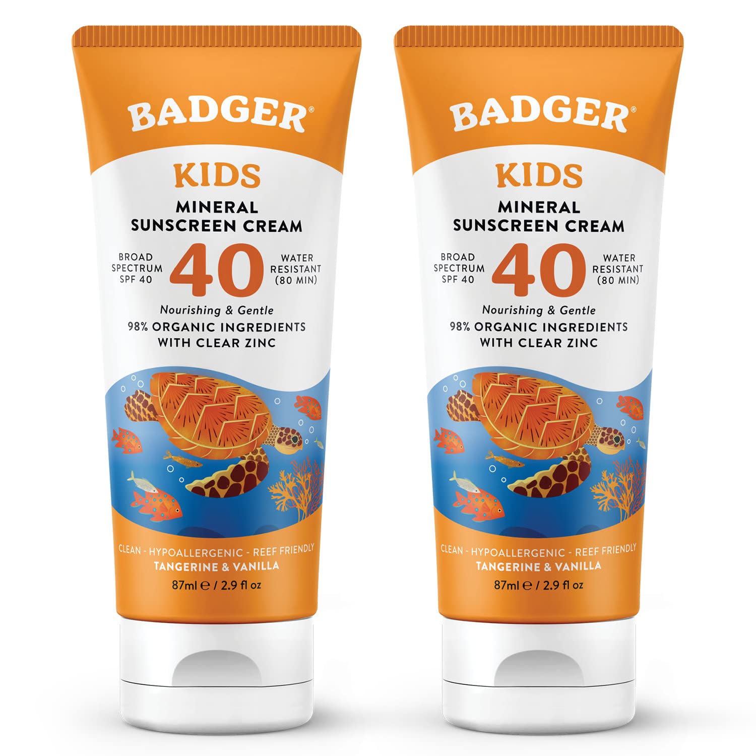 Badger Kids Mineral Sunscreen Cream SPF 40 — 98% Organic, Reef Safe, Hawaii Approved (2-Pack)