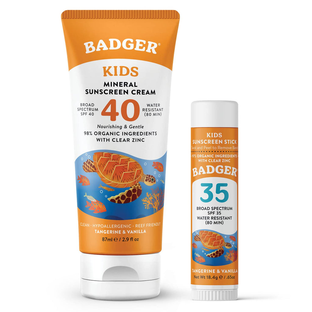 Badger Kids Mineral Sunscreen Combo – SPF 40 Cream + SPF 35 Face Stick