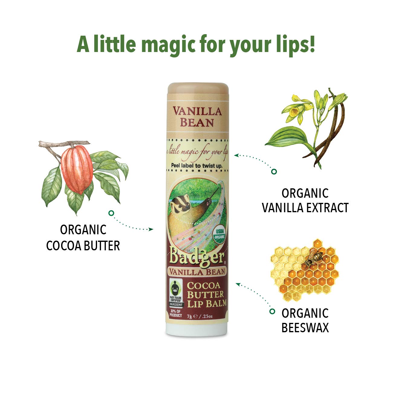 Badger Cocoa Butter Lip Balm – Creamy Cocoa, Organic, Fair Trade, 0.25 oz
