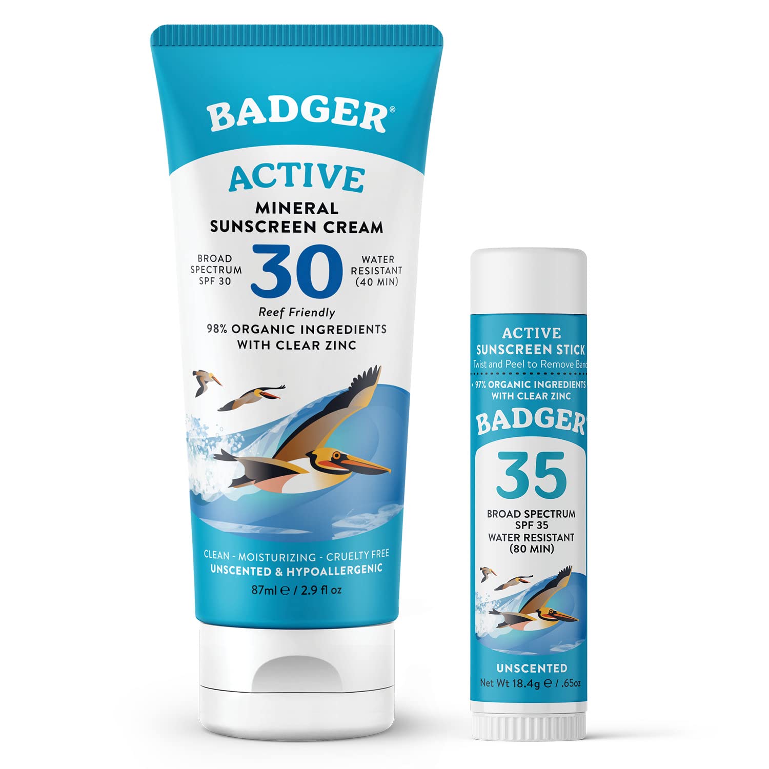 Badger Mineral Sunscreen Combo SPF 30 Cream + SPF 35 Face Stick – Reef Safe, Unscented, 2-Count