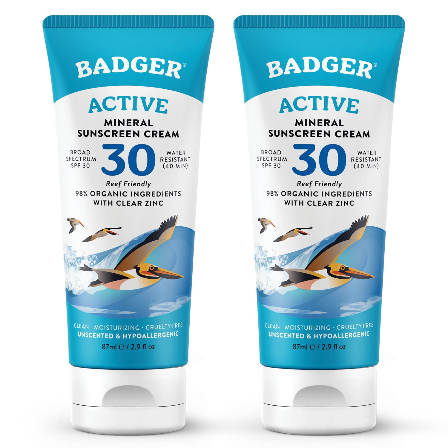 Badger Mineral Sunscreen Cream SPF 30 – 98% Organic, Reef Safe, Travel Size 2-Pack