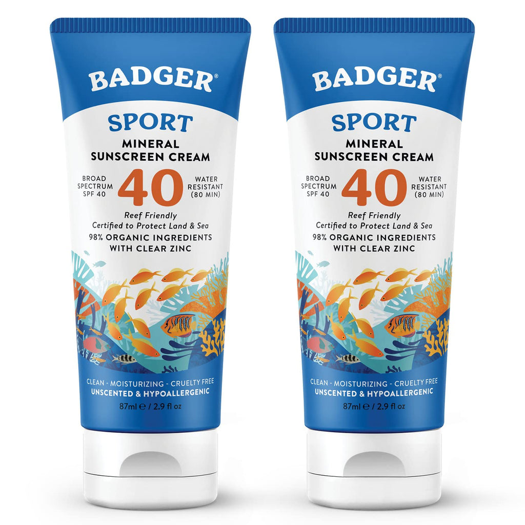 Badger Reef Safe Sport Mineral Sunscreen SPF 40 – Unscented, 2-Pack, 98% Organic, Reef-Approved for Hawaii & Mexico