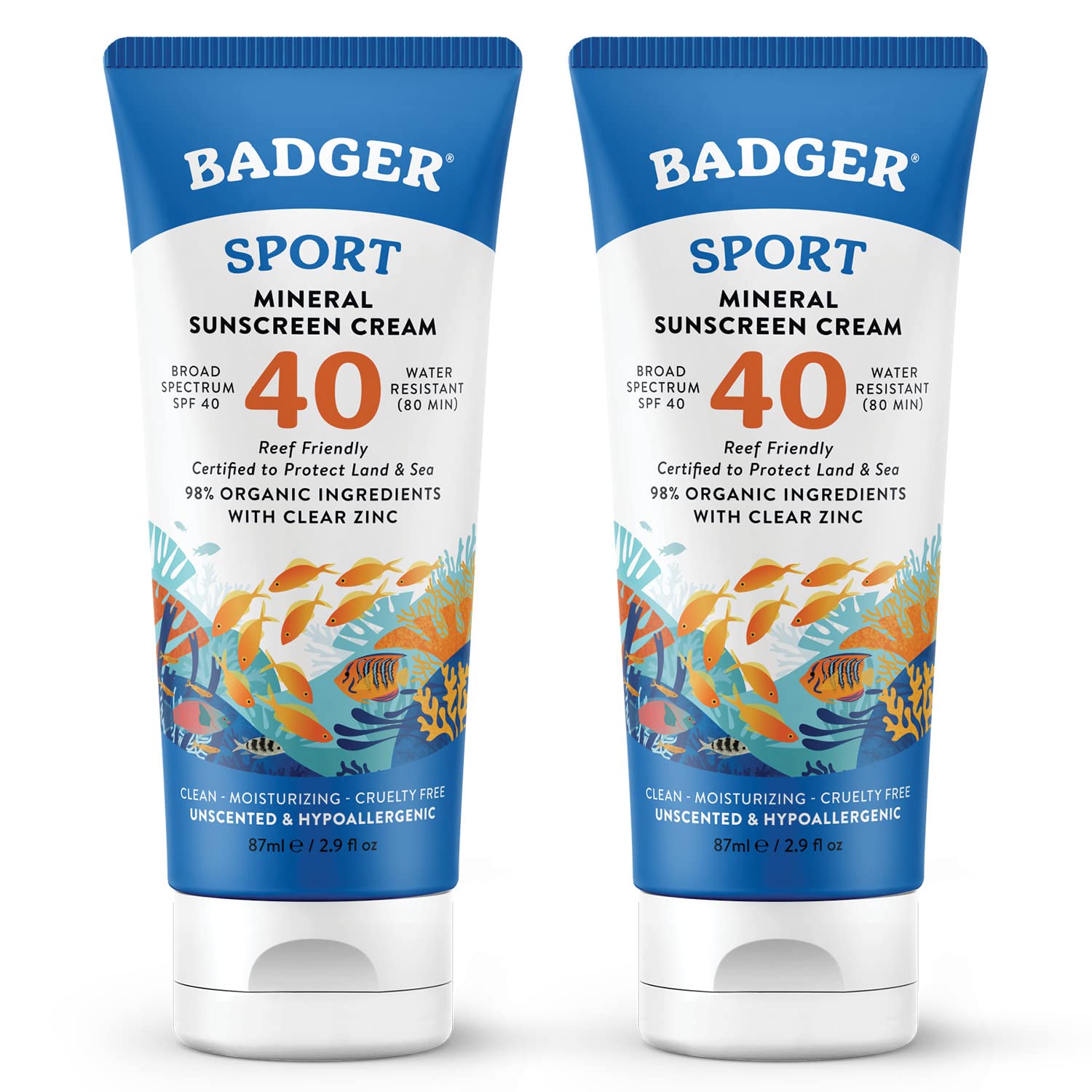 Badger Reef Safe Sport Mineral Sunscreen SPF 40 – Unscented, 2-Pack, 98% Organic, Reef-Approved for Hawaii & Mexico