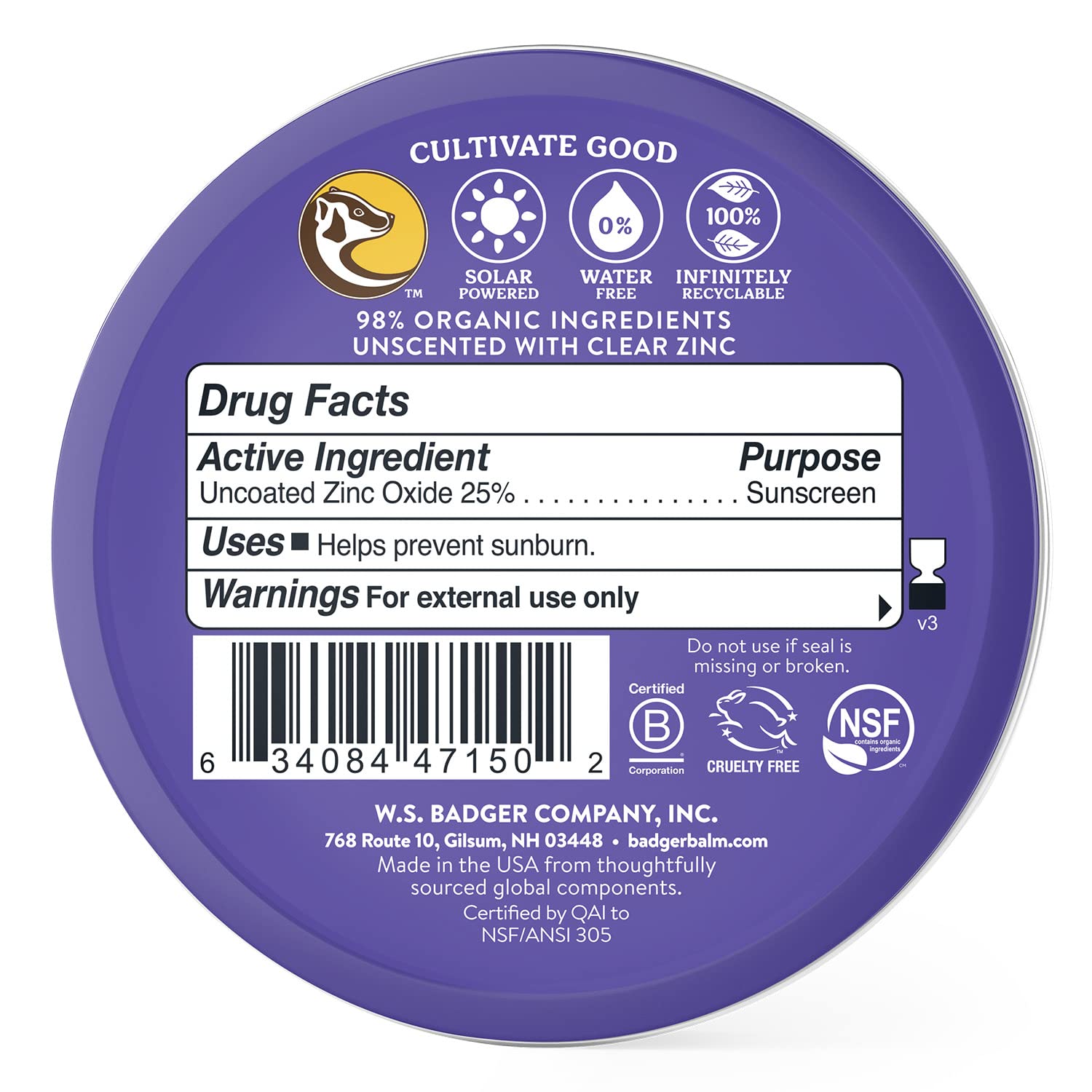 Badger Reef Safe Sunscreen SPF 50 - Mineral, Unscented, 2.4 oz Travel Tin