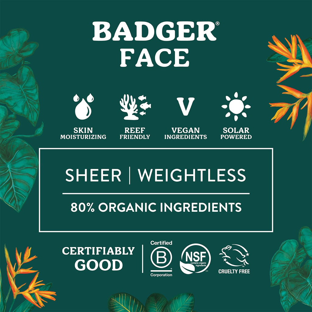 Badger Zinc Oxide Face Sunscreen SPF 30 – Lightweight, Matte, Unscented, Reef-Safe