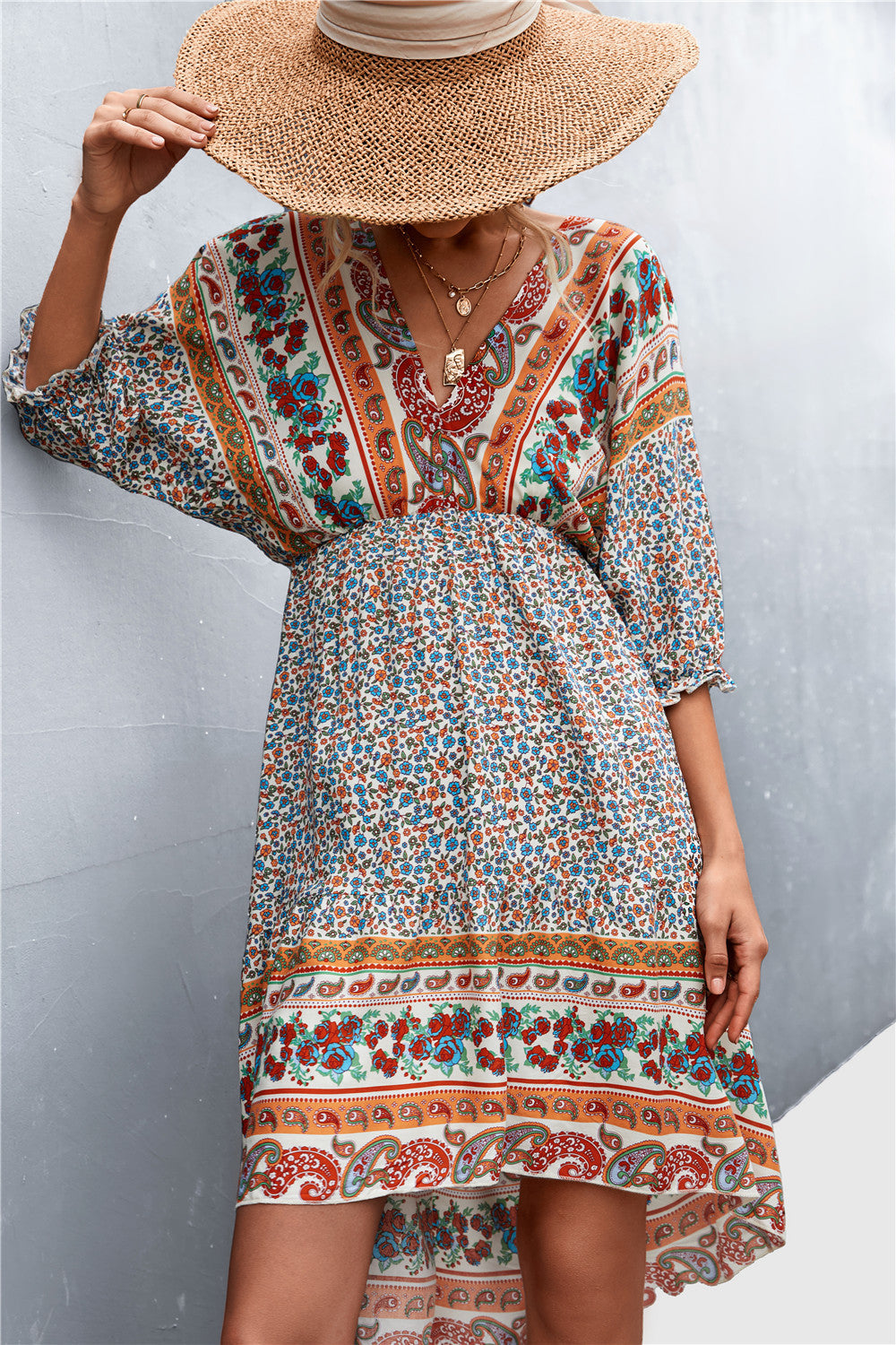 Bohemian V-neck Positioning Flower Irregular Backless Dress