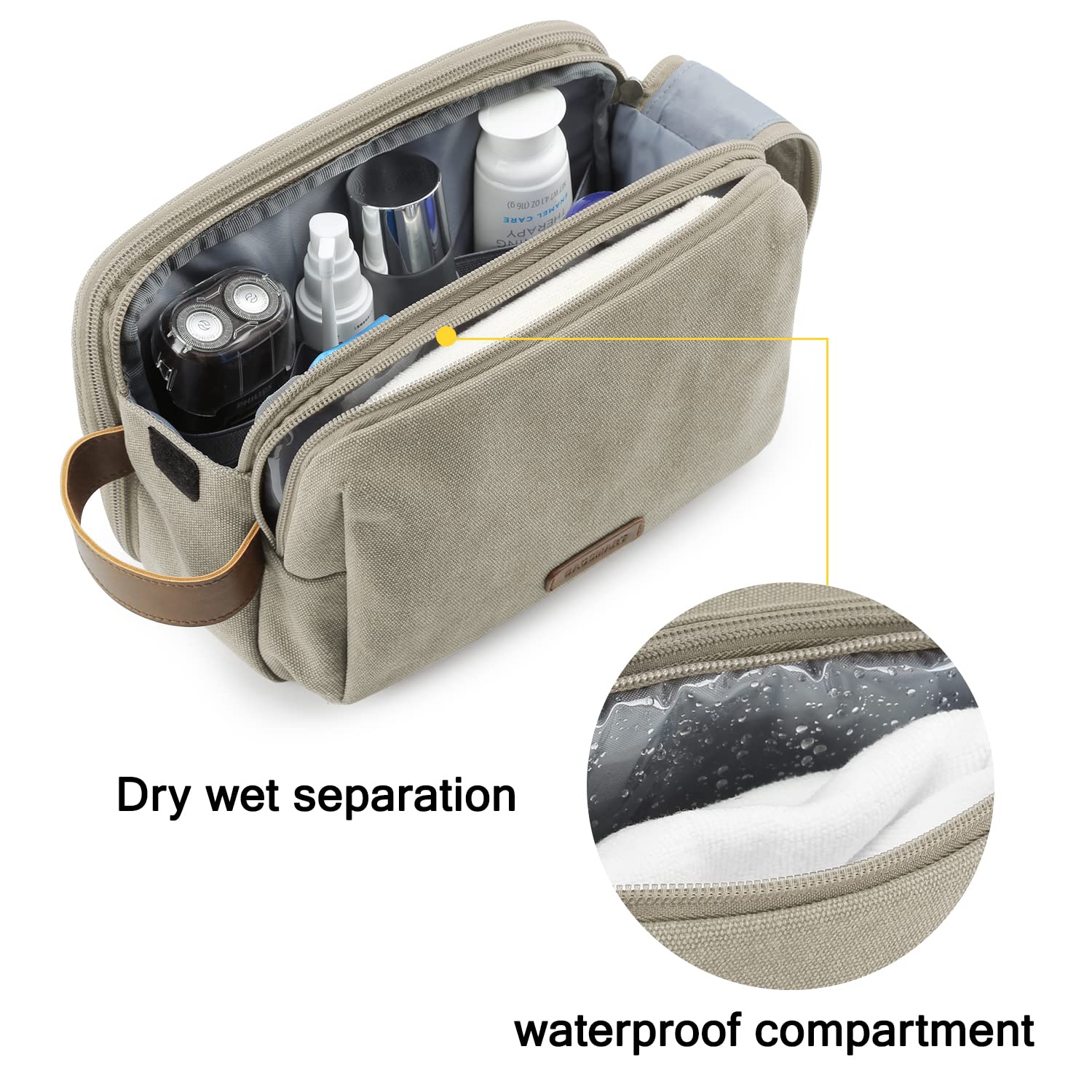 BAGSMART Men’s Toiletry Bag – Canvas Dopp Kit, Water-Resistant, Beige, Medium