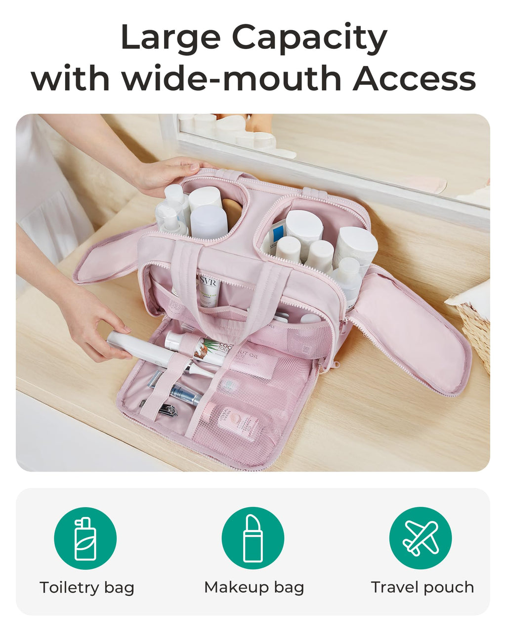 BAGSMART Travel Toiletry Bag for Women - Crush Puffy Pink, Large Capacity Cosmetic Organizer