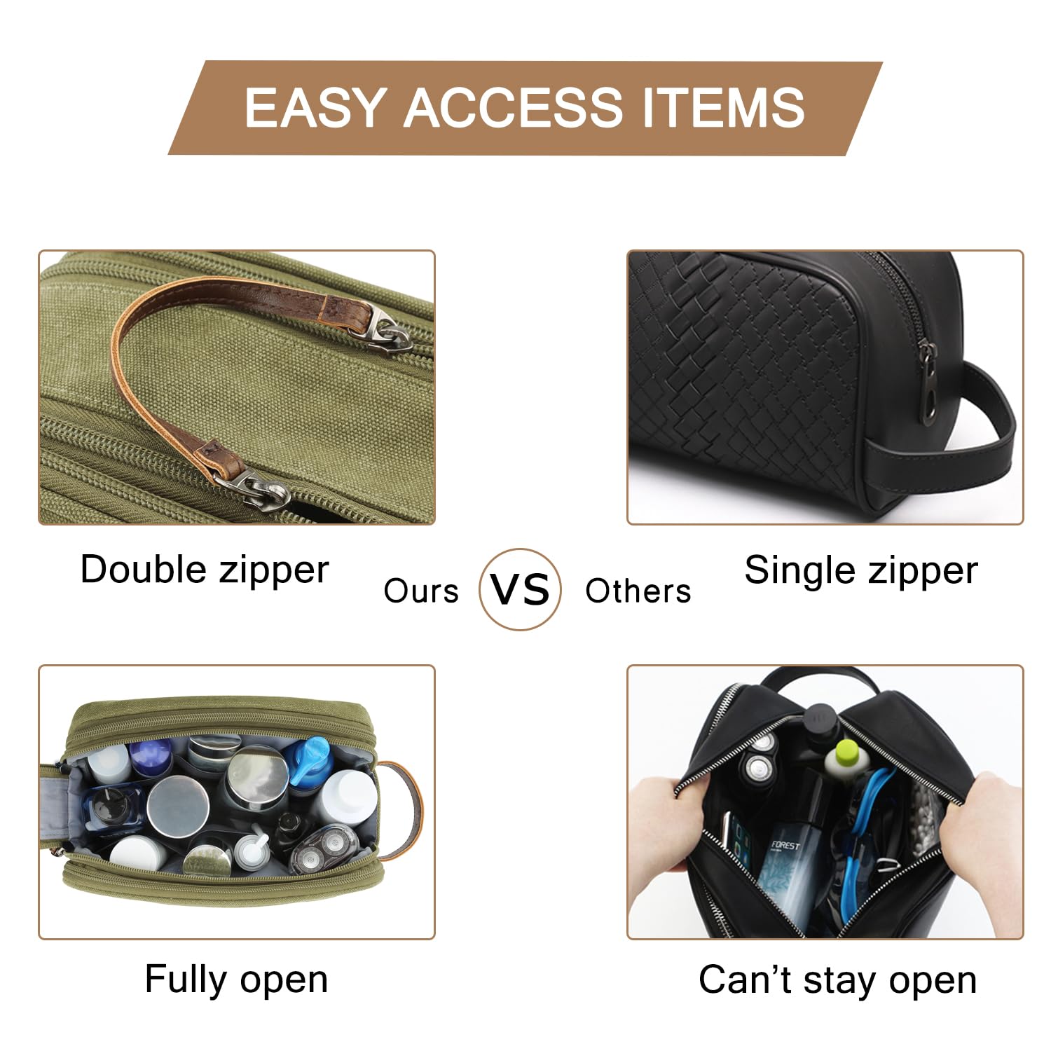 BAGSMART Men’s Canvas Toiletry Bag – Travel Dopp Kit, Green, Medium