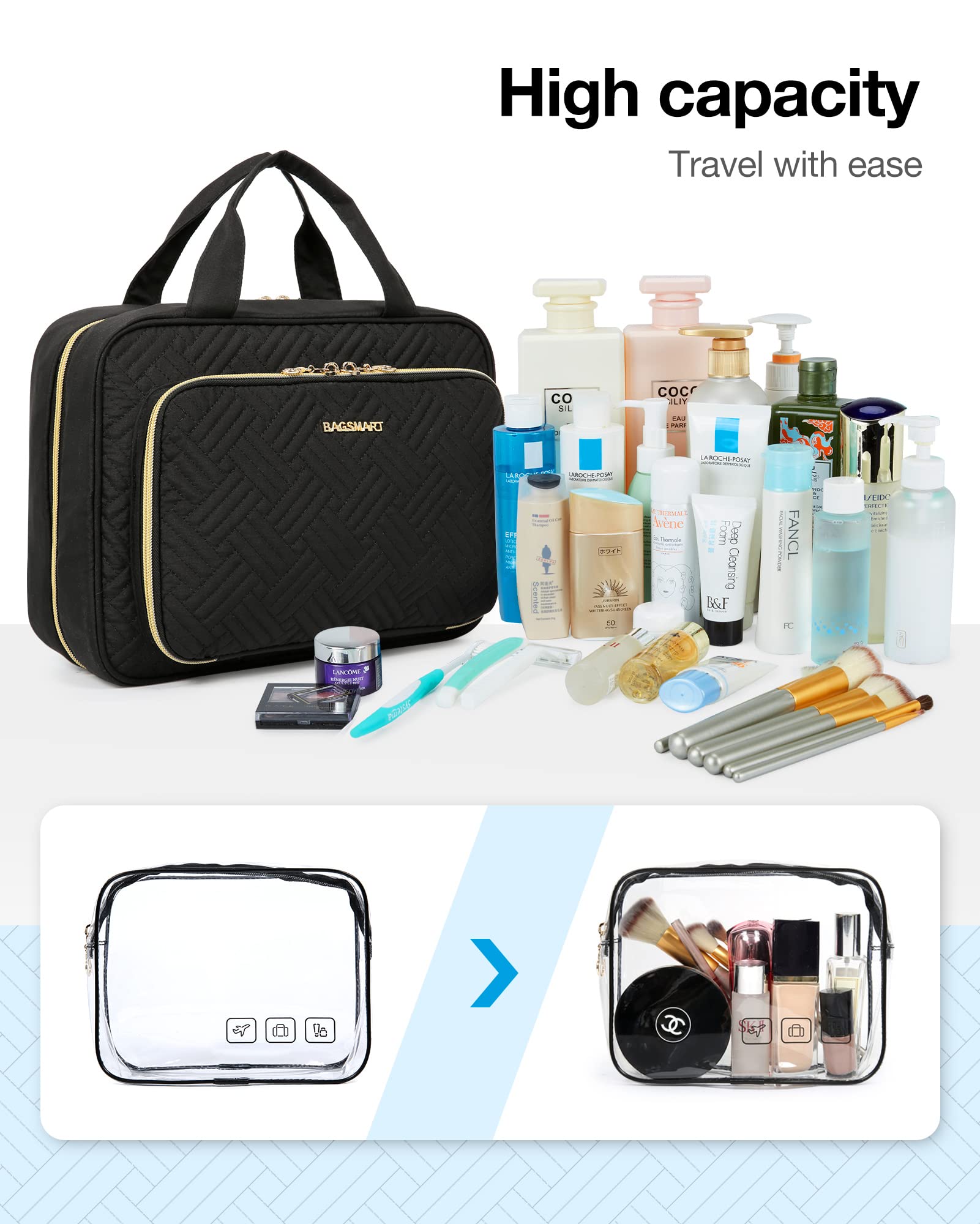 BagSmart Hanging Toiletry Bag & TSA-Approved Transparent Cosmetic Bag | Large Travel Organizer (Black)