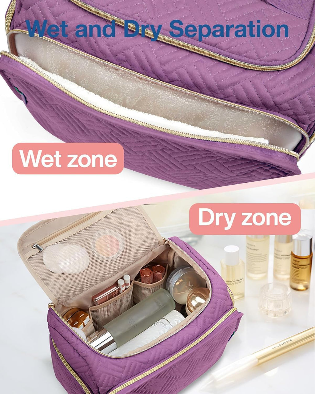 BAGSMART Travel Toiletry Bag – Large Purple, Wide-Open Organizer with Handle