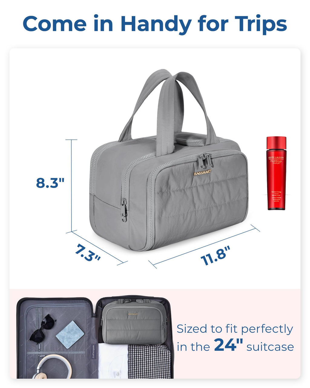 BAGSMART Travel Toiletry Bag – Lightweight, Large-Capacity Organizer for Women, Grey