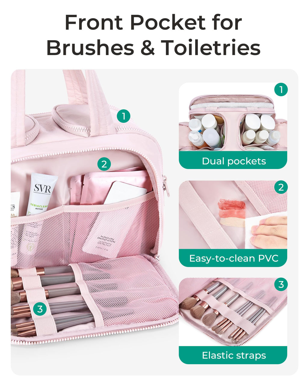 BAGSMART Travel Toiletry Bag for Women - Crush Puffy Pink, Large Capacity Cosmetic Organizer