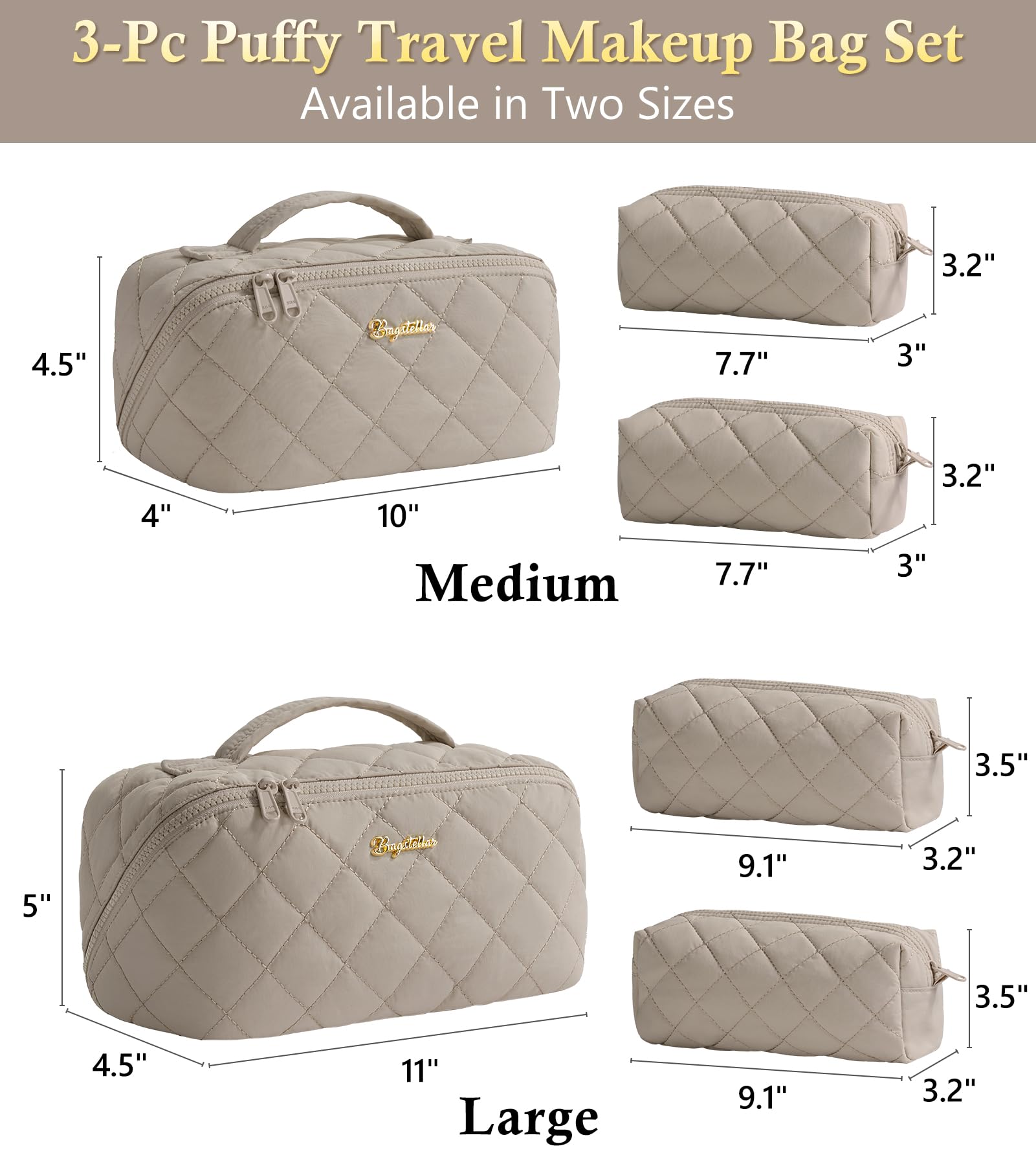 Bagstellar Travel Makeup Bag 3-Piece Set | Large Capacity Puffy Toiletry Organizer M-Oatmeal