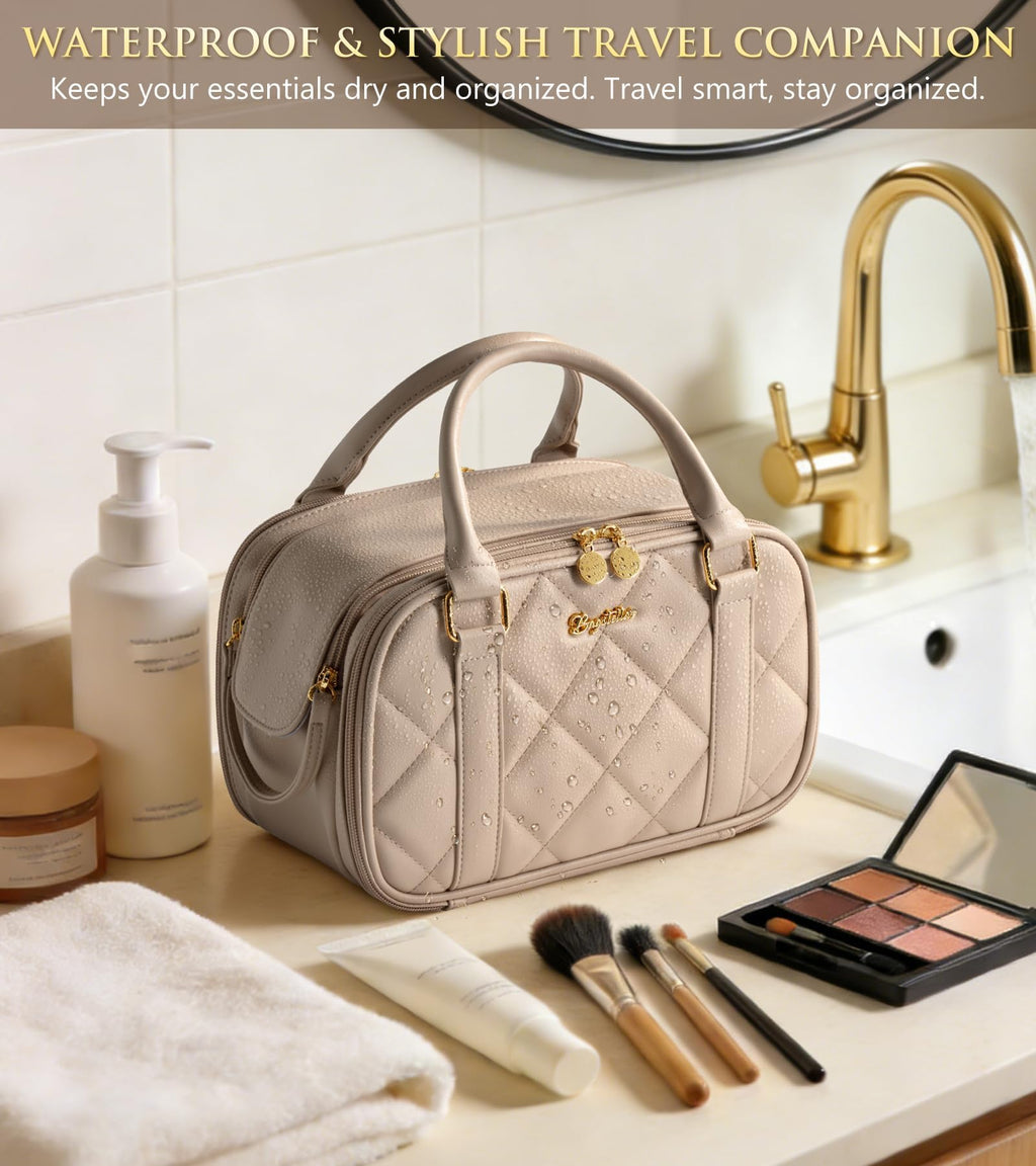 Bagstellar Travel Makeup Bag – Large Capacity Quilted Toiletry Bag for Women, Water-Resistant & Stand-Up Organizer