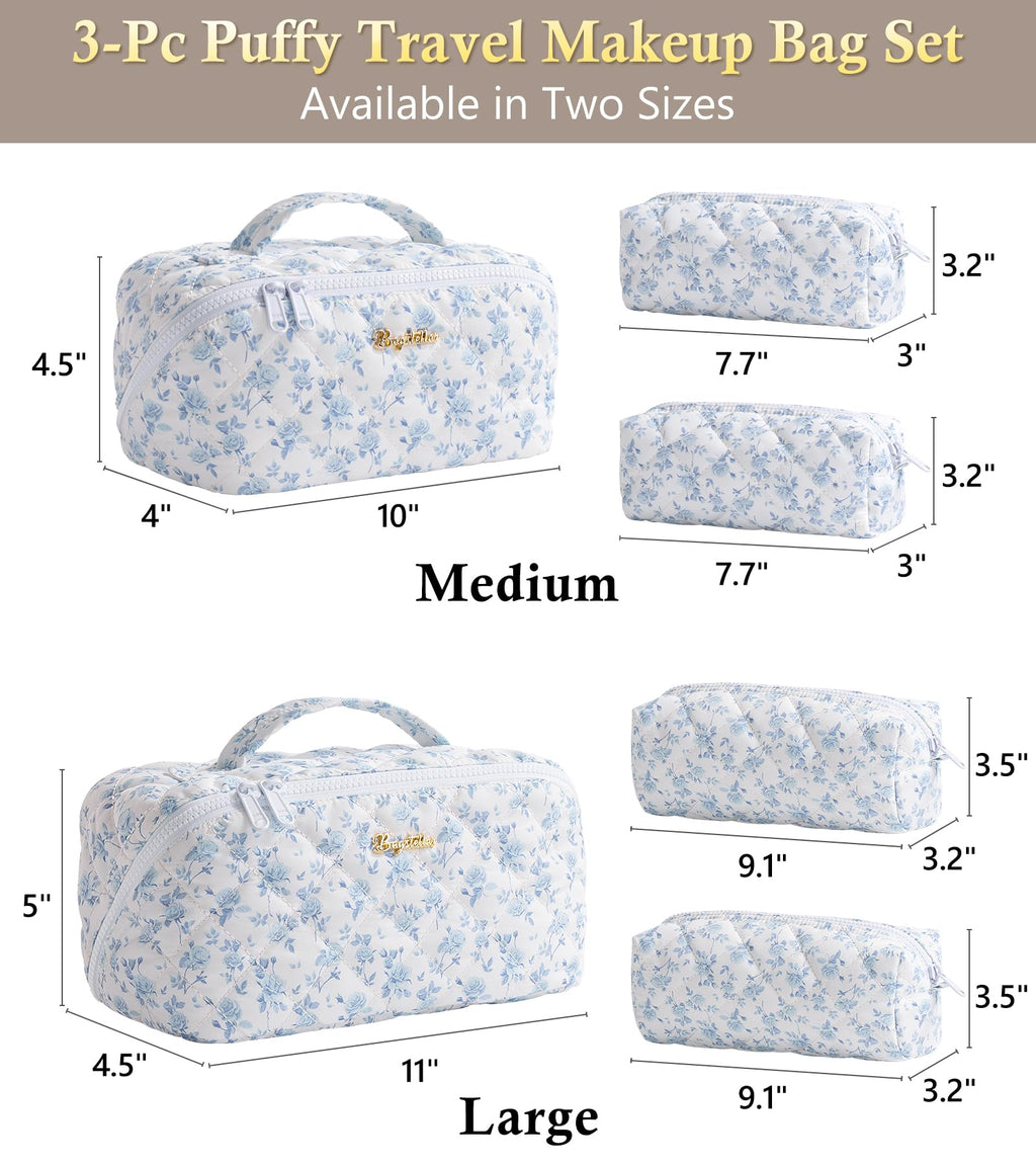 Bagstellar Travel Makeup Bag Set — 3 Pcs Large Capacity, Open Flat, Water-Resistant, Blue Floral