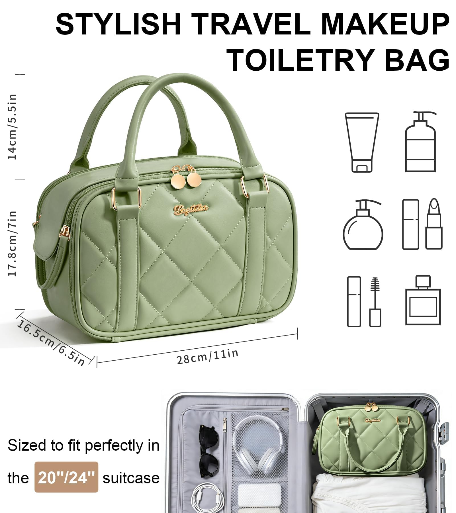 Bagstellar Travel Makeup Bag - Large Quilted Toiletry Case, Sage Green