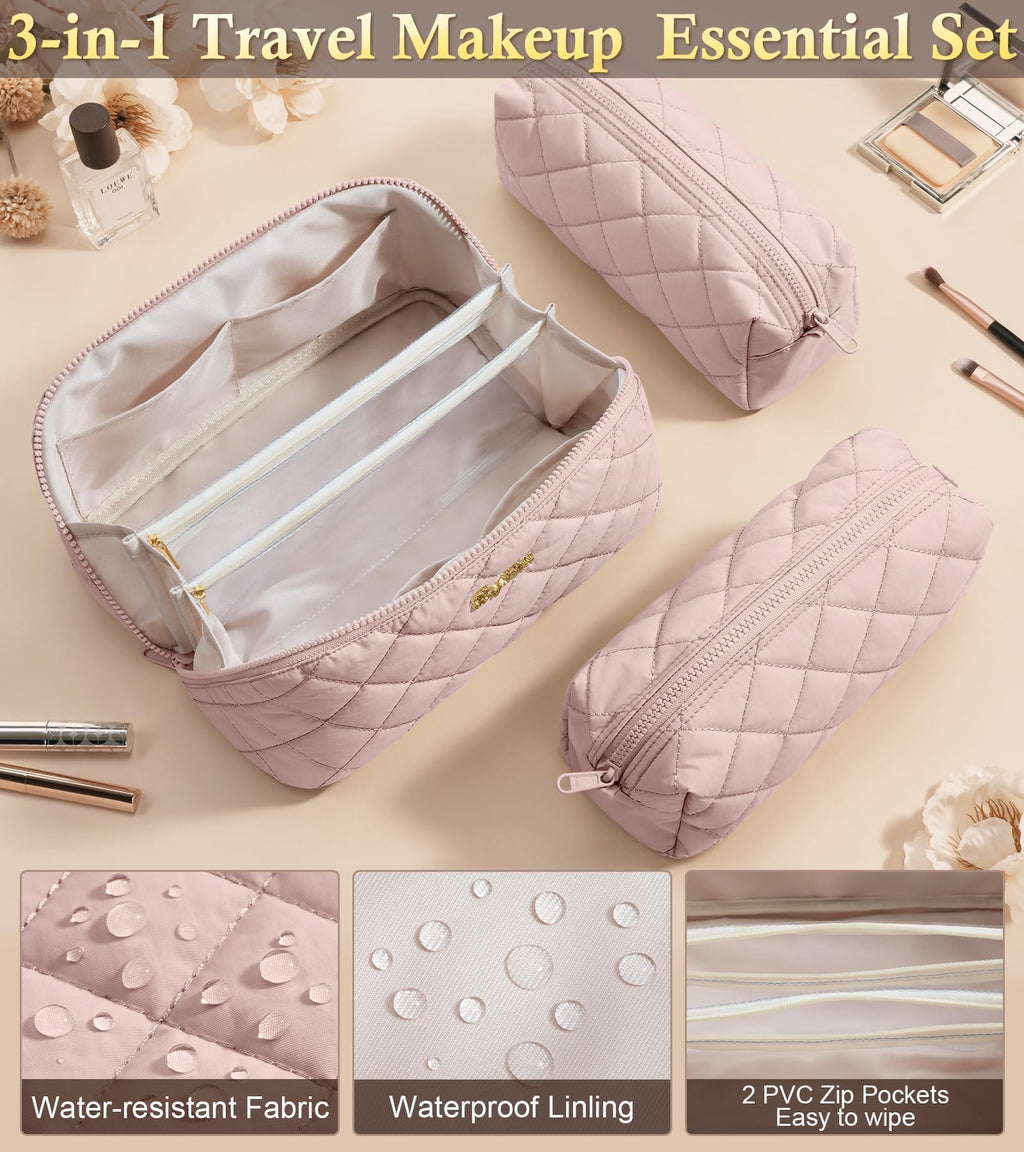 Bagstellar Travel Makeup Bag 3-Piece Set | Large Capacity Puffy Toiletry Organizer M-Oatmeal