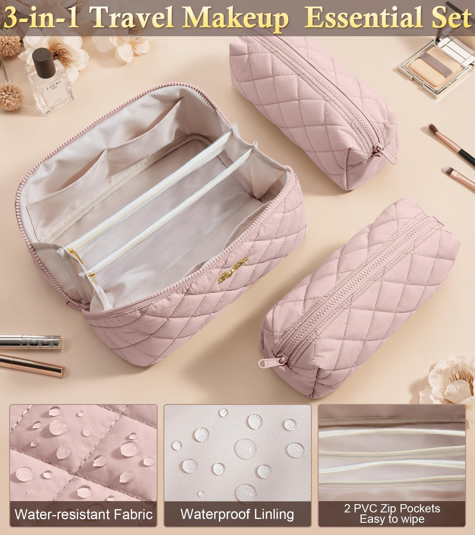 Bagstellar Travel Makeup Bag 3-Piece Set | Large Capacity Puffy Toiletry Organizer M-Oatmeal