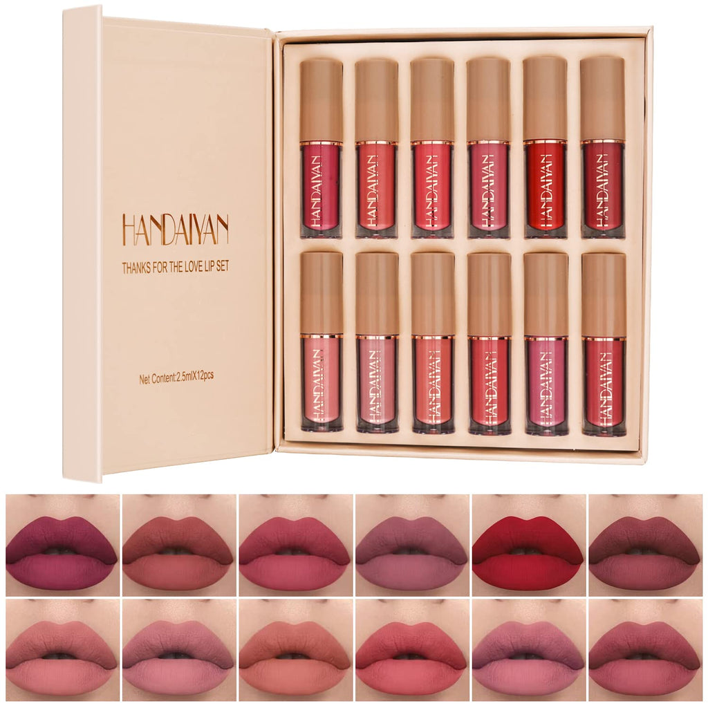 BAISEN DIARY 12 Colors Lipstick Set – Velvet Matte Liquid Lipstick Gift Box (Set B)