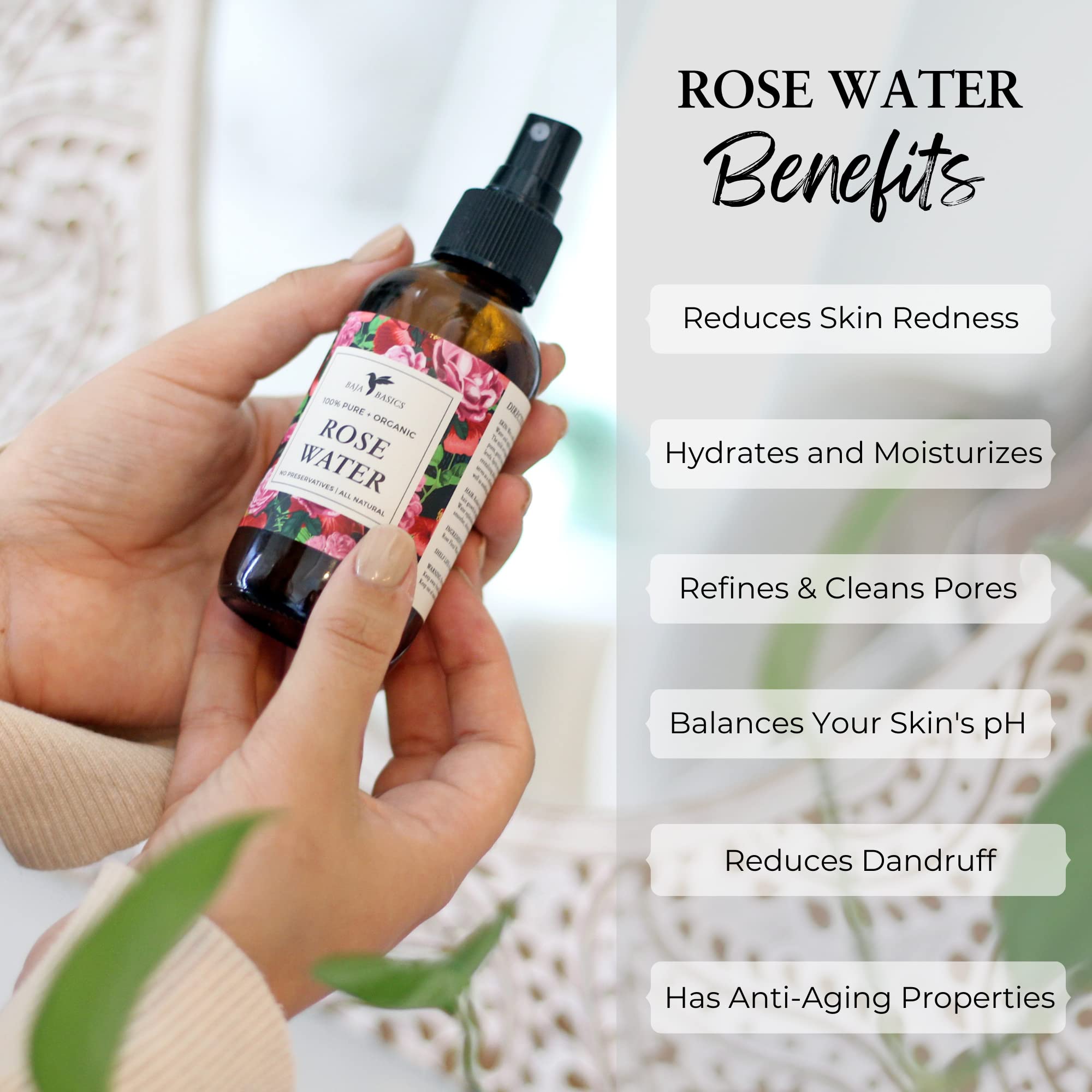 Baja Basics Rose Water Spray – Hydrating Facial Toner (4oz, 2 Pack)