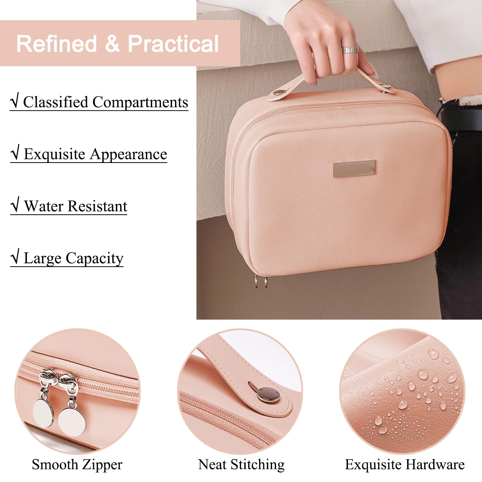 BAKLUCK Travel Makeup Bag – Large Capacity Transparent Double-Sided Organizer with Brush Compartment | PU Waterproof Leather, Pink